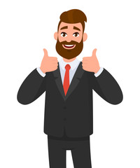 Portrait of excited business man dressed in black formal wear showing thumbs up sign. Deal, like, agree, approve, accept illustration concept in cartoon vector style.