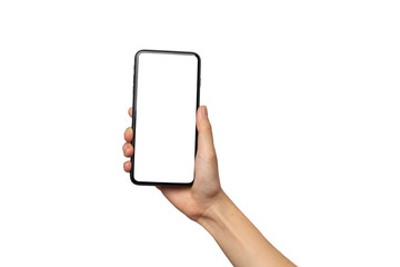 Fototapeta na wymiar Hand woman holding smartphone with blank screen isolated on white background with clipping path