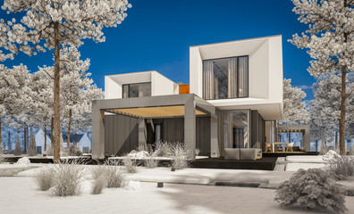 3d rendering of modern cozy house with garage and garden. Cool winter day with shiny white snow. For sale or rent with beautiful white spruce on background