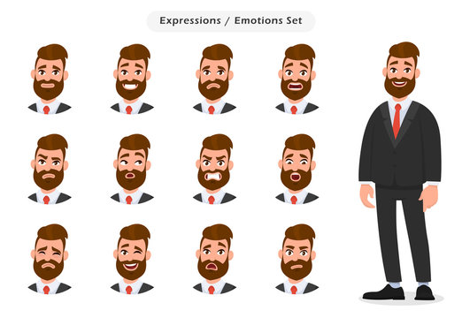 Set of business man's facial different expressions. Business man emoji character with different emotions. Emotions and body language concept illustration in vector cartoon style.