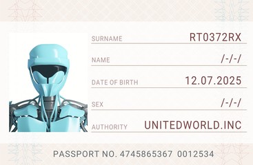 Passport of the robot with his photo and his identification number. 3d illustration