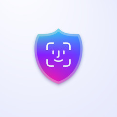 Security shield vector icon. Face identification. Face password, identification icon. Facial recognition scan. Face Security process