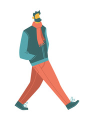 Plakat cartoon vector people. a bearded walking man wearing casual clothes: scarf, jacket, jeans, boots. isolated casual people vector illustration in an orange green color scheme. simple flat people design.