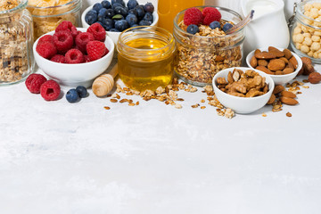 delicious products for a healthy breakfast on white background