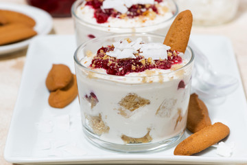 dessert in a glass with cookies, cream and jam, closeup