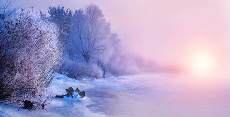 Prachtige winterlandschap scène achtergrond met besneeuwde bomen en ijskoude rivier. Schoonheid zonnige winter achtergrond. Wonderland. Ijzige bomen in besneeuwd bos