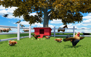 Rooster, hens and chickens in poultry farm with chicken coop and farm animals, 3D Rendering  © G3D Studio