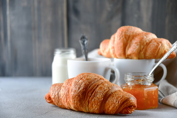 coffee with milk and croissants, jam