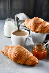 coffee with milk and croissants, jam