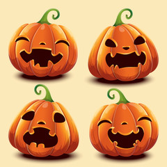 Set of cute realistic pumpkins with different faces for Halloween.