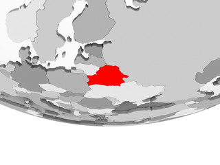 Map of Belarus on grey political globe