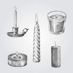 Hand Drawn Burning Candles Sketches Set. Collection Of different candles Sketches on white background isolated in retro style