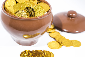 Isolated pot with golden coins. Abstract photo of lucky