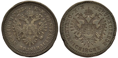 Austria Austrian coin 1 one kreuzer 19th century, manufacturing defect – mirror imprint from another coin stuck in upper part of die, crowned eagle with shield on chest holding scepter and orb