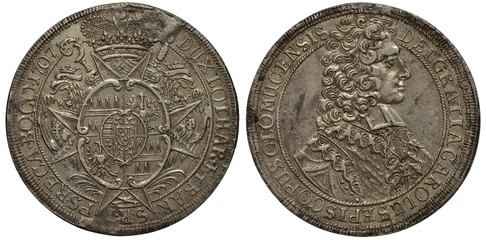 Austria Austrian Olomouc Czech silver coin 1 one thaler 1707, ruler Karl III, arms, oval shield in...