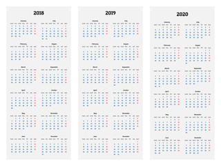 Calendar for 2018, 2019, 2020 years on white background vector
