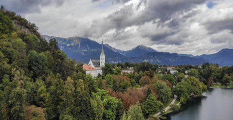 Aerial view of Blejski Grad, old town on Bled lake in Slovenia