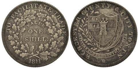 Great Britain British Worcester county and city silver coin token 1 one shilling 1811, value within oak wreath, shield with tower flanked by sprigs, ribbon below, 