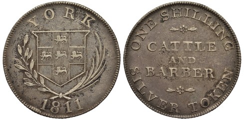 Great Britain British York silver coin token 1 one shilling 1811, shield with lions on cross...
