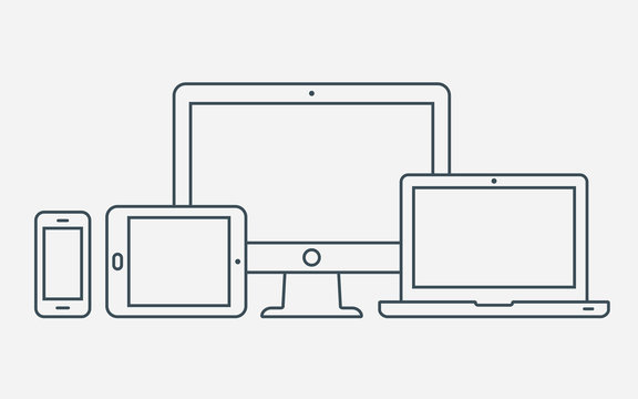 Vector outline icons. Monitor, laptop, tablet pc and smartphone