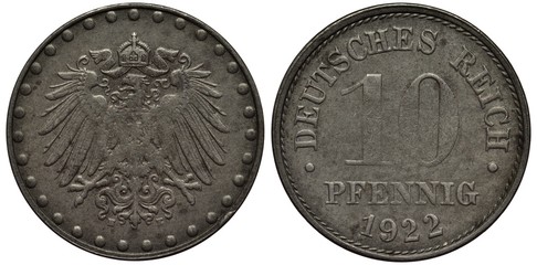 German Germany iron coin 10 ten pfennig 1922, Weimar Republic, imperial eagle within circle of large dots, value and date,
