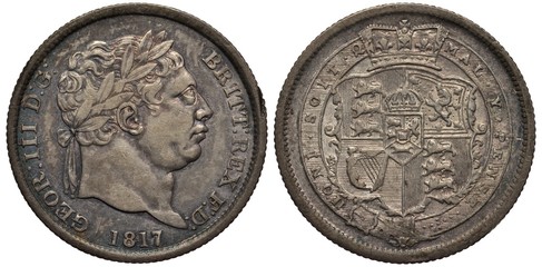 Great Britain British silver coin 1 one shilling 1817, ruler King George III, laureate head right, date below, crowned shield with lions, Irish harp and other designs, - obrazy, fototapety, plakaty