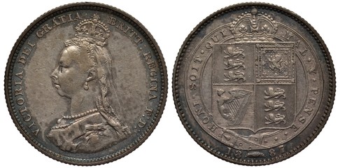 Great Britain British silver coin 1 one shilling 1887, ruler Queen Victoria, bust left, crowned shield with lions, Irish harp and other designs, date below, deep patina,