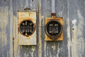 Ancient Vintage Rusted Outdoor Electrical Fuses Boxes Holders Eroding