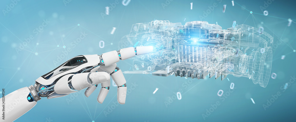 Aufkleber cyborg using wireframe holographic 3d digital projection of an engine
