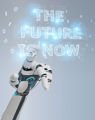 White cyborg hand using future decision text interface 3D rendering