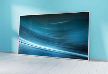 Large horizontal frame leaning on a blue wall 3D rendering