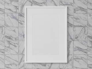 White rectangular vertical frame hanging on a marble wall mockup 3D rendering
