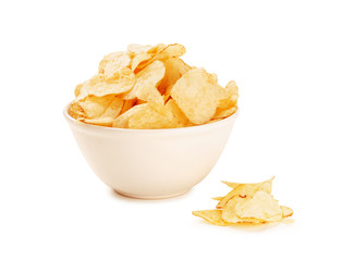 Bowl of home made potato chips on a white background