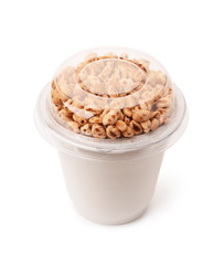 Yoghurt in package with puffed rice, mock-up