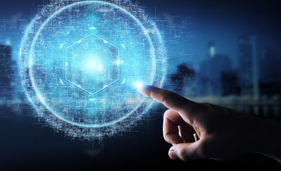 Businessman using digital sphere connection hologram 3D rendering