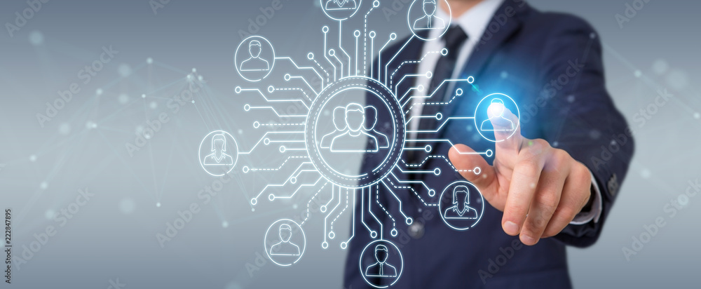 Poster businessman using thin line social network icons interface