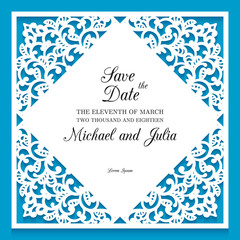 Laser cut wedding invitation template. Ornamental frame with cutout floral corners, lace border pattern, vector template for paper cutting, ornamental decoration for greeting card or wedding design.