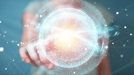 Businesswoman using digital network connection sphere 3D rendering