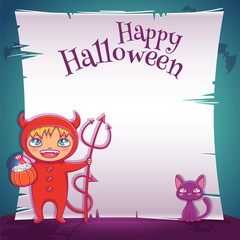 Little kid in costume of devil with black kitten. Happy Halloween party. Editable template with text space.