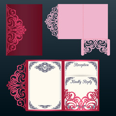 Laser cut wedding trifold envelope template vector. Wedding invitation or greeting card with abstract ornament. Suitable for greeting cards, invitations, menus.