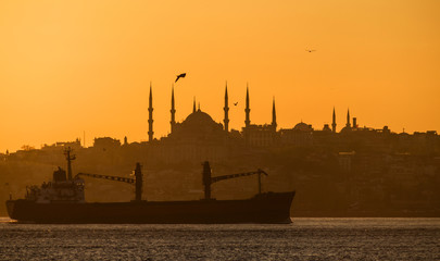 Sunset over the Bosphorus. Istanbul, silhouette of a cargo ship on the background of the Blue...