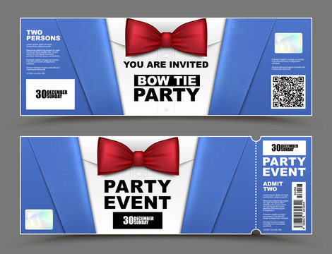 Vector horizontal cocktail party event invitations. Red bow tie official isolated businessmen banners. Elegant party ticket card with blue suit and white shirt.