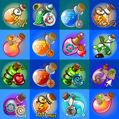 Set of magic potions in glass flasks isolated on blue background. Sketch for stickers, card, seamless texture for wrapping paper on theme of alternative medicine. Cartoon vector close-up illustration.