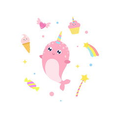 Cute narwhal and magical items vector illustration. © Svetlana