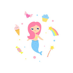 Cute mermaid and magical items vector illustration.