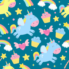 Cute unicorn seamless background. Flat design.