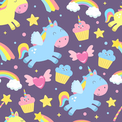 Cute unicorn seamless background. Flat design.