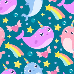 Cute cartoon narwhal seamless background © Svetlana