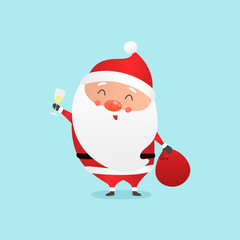 Cute cartoon Sata Claus with big sack of presents and glass of c