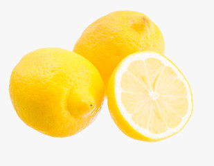 Three bright lemons isolated. Yellow fresh vitamin C source.